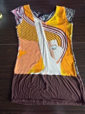 Custo Barcelona Yellow, Orange and Brown Graphic Short Sleeve Tunic